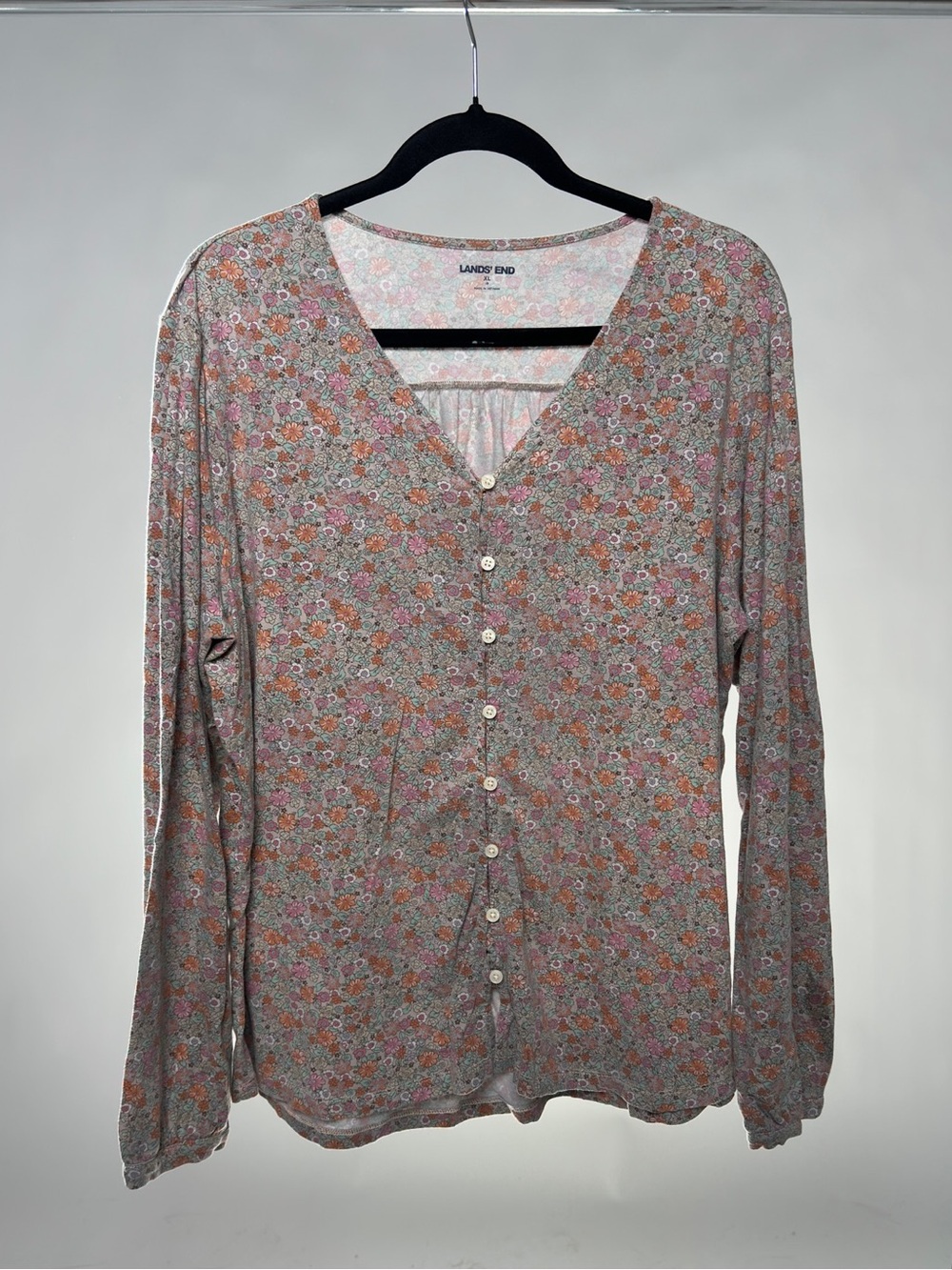 Lands' End Women's Pink Floral Button-Front V-Neck Top - Size XL